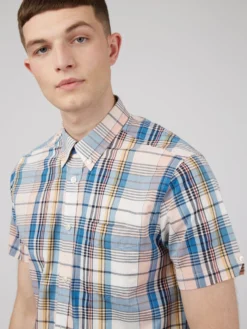 Baird Large Madras Check Short-Sleeve Shirt - Blue Denim