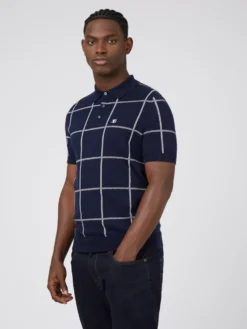 Baird B By Ben Sherman Jacquard Check Knit Polo - Marine Iconic Mod Knit Polos