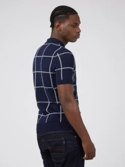 Baird B By Ben Sherman Jacquard Check Knit Polo - Marine Iconic Mod Knit Polos
