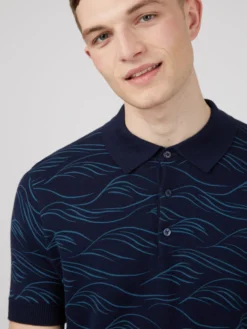 Baird Iconic Mod Knit Polos Wave Print Knit Polo - Marine