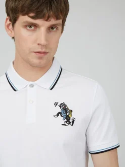 Baird Jazz Cat Embroidered Polo - White