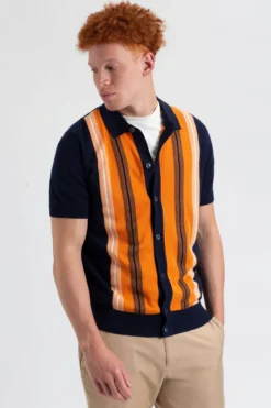 Baird Iconic Vertical Stripe Button-Through Mod Polo Iconic Mod Knit Polos