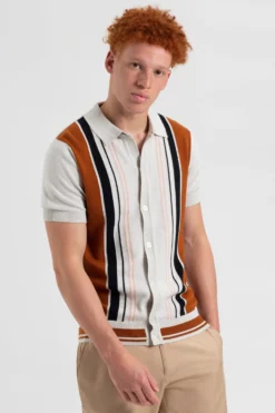 Baird Iconic Vertical Stripe Button-Through Mod Polo - Ivory