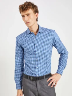 LF Long-Sleeve Shirts Pinpoint Check Slim Fit Dress Shirt - Teal/Blue