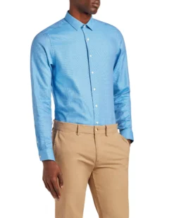 LF Tailored Shop Textured Unsolid Solid Skinny Fit Dress Shirt - Blue
