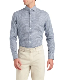 LF Tailored Shop Dobby Gingham Slim Fit Dress Shirt - Navy