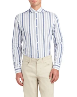 LF Tailored Shop Wide Dobby Stripe Skinny Fit Dress Shirt - Blue