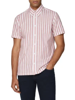 Baird Short Sleeve Vertical Slub Stripe Shirt - Cerise The Vertical Stripe