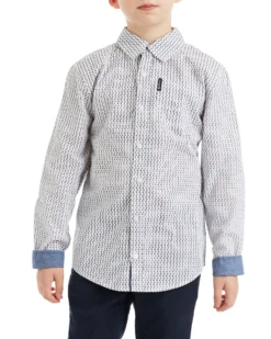 Babyfair Boys' White/Black Long-Sleeve Dotted Print Button-Down Shirt (Sizes 4-7)