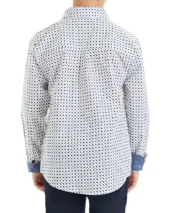 Babyfair Boys' White/Blue Long-Sleeve Square Print Button-Down Shirt (Sizes 8-18)
