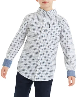 Babyfair Boys' White/Blue Long-Sleeve Square Print Button-Down Shirt (Sizes 8-18)