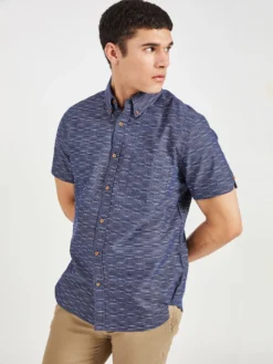 Oved Fine Line Striped Short Sleeve Shirt - Marine