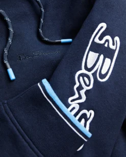 Oved Fleece Cotton Script Logo Sleeve Hoodie - Navy Blazer