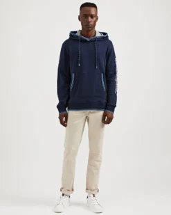 Oved Fleece Cotton Script Logo Sleeve Hoodie - Navy Blazer