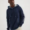 Oved Fleece Cotton Script Logo Sleeve Hoodie - Navy Blazer