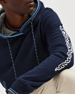 Oved Fleece Cotton Script Logo Sleeve Hoodie - Navy Blazer