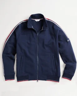 Oved Loungewear Asymmetrical Fleece Striped-Sleeve Track Jacket - Navy Blazer