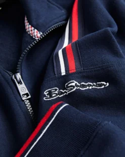 Oved Loungewear Asymmetrical Fleece Striped-Sleeve Track Jacket - Navy Blazer