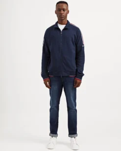 Oved Loungewear Asymmetrical Fleece Striped-Sleeve Track Jacket - Navy Blazer