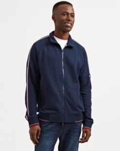 Oved Loungewear Asymmetrical Fleece Striped-Sleeve Track Jacket - Navy Blazer