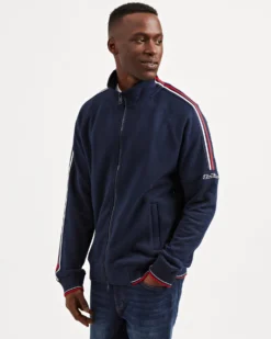 Oved Loungewear Asymmetrical Fleece Striped-Sleeve Track Jacket - Navy Blazer