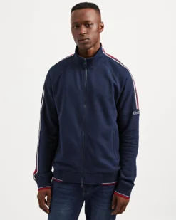 Oved Loungewear Asymmetrical Fleece Striped-Sleeve Track Jacket - Navy Blazer
