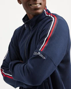 Oved Loungewear Asymmetrical Fleece Striped-Sleeve Track Jacket - Navy Blazer