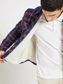 Oved Brushed Check Fleece-Lined Overshirt - Navy