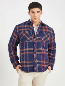 Oved Brushed Check Fleece-Lined Overshirt - Navy