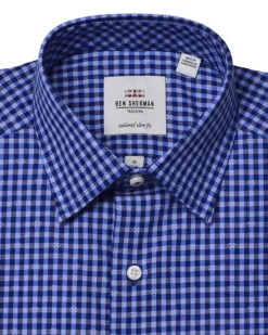 LF Navy & Blue Dobby Gingham Slim Fit Dress Shirt Tailored Shop