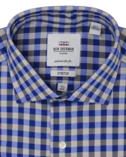 LF Navy & Tan Herringbone Check Slim Fit Dress Shirt