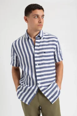 Northstar Short-Sleeve Shirts B By Ben Sherman Candy Stripe Linen Short Sleeve Shirt - Navy/Ecru