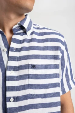 Northstar Short-Sleeve Shirts B By Ben Sherman Candy Stripe Linen Short Sleeve Shirt - Navy/Ecru