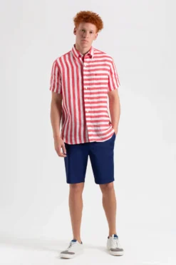 Northstar B By Ben Sherman Candy Stripe Linen Short Sleeve Shirt - Red/Ecru