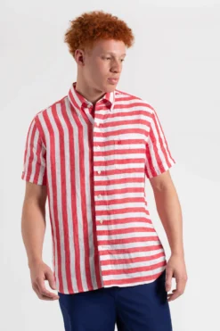 Northstar B By Ben Sherman Candy Stripe Linen Short Sleeve Shirt - Red/Ecru