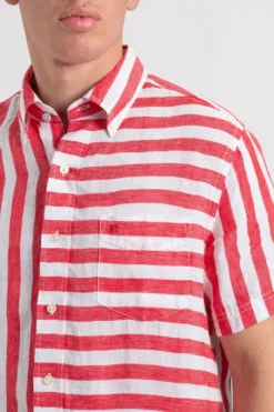 Northstar B By Ben Sherman Candy Stripe Linen Short Sleeve Shirt - Red/Ecru